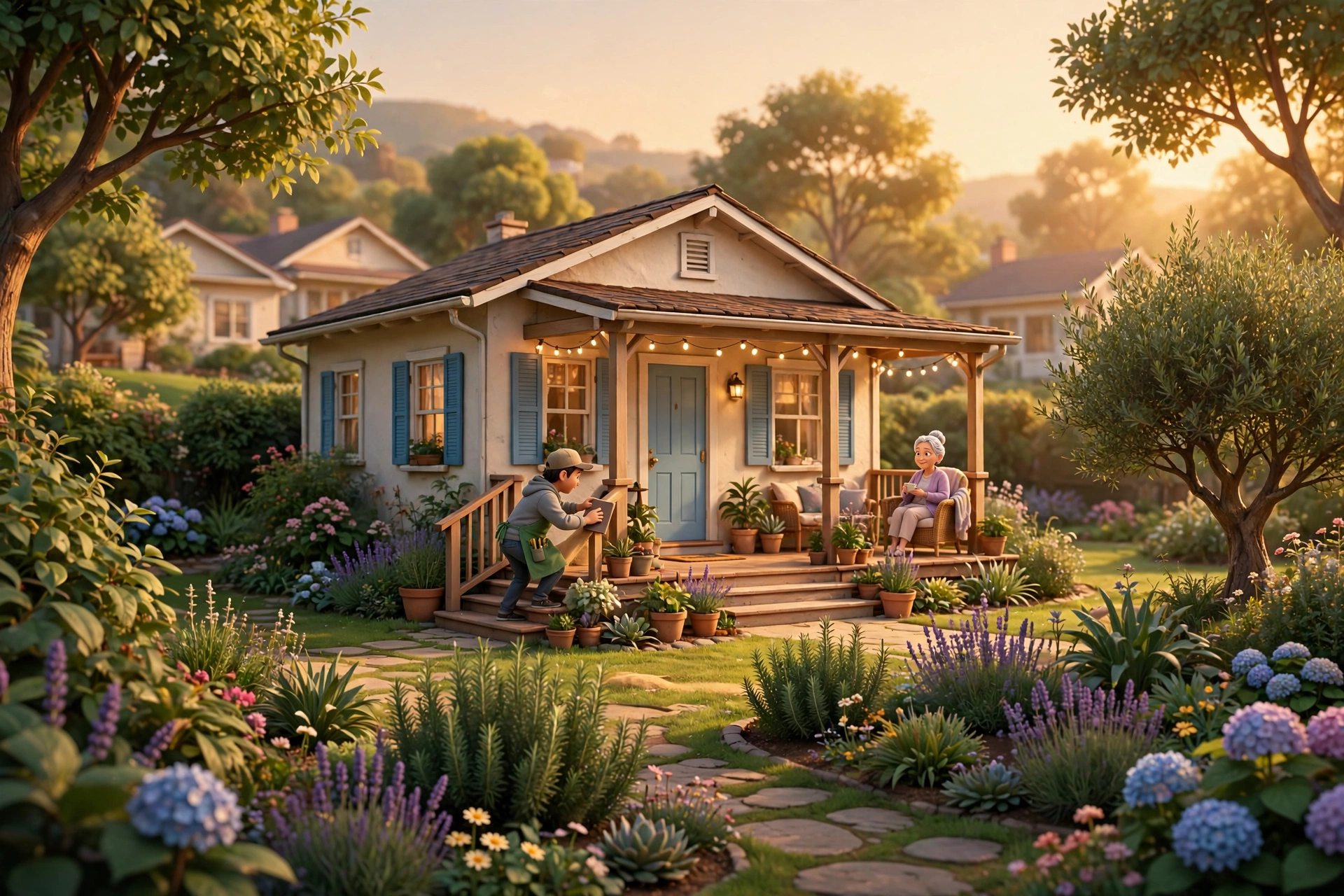 Illustration of a helper sanding a porch handrail smooth while a senior enjoys her porch in the golden evening light