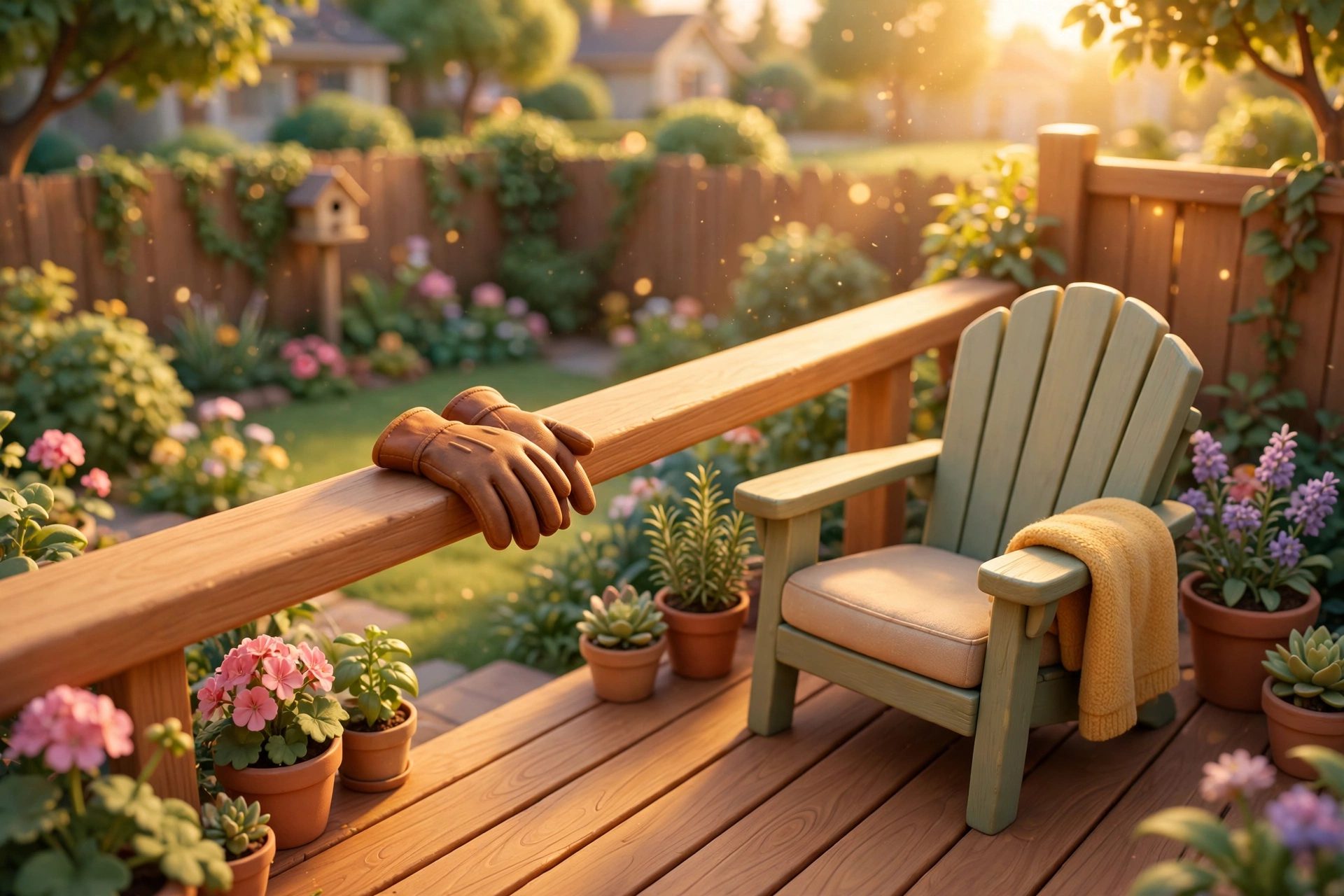 Illustration of a freshly sanded wooden deck railing in warm sunlight, work gloves resting on the rail